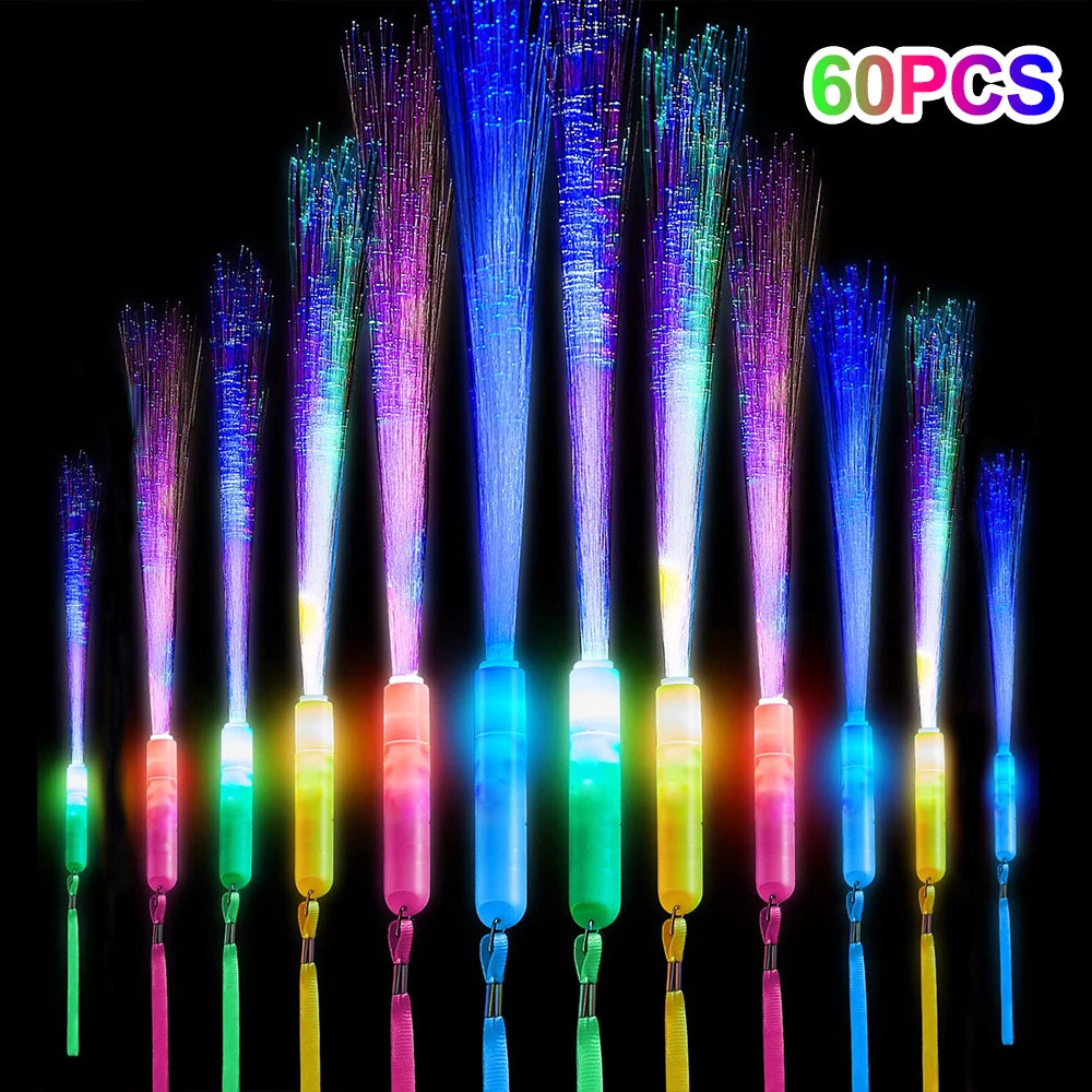 60pcs Colorful LED Glow Fiber Optic Fluorescent Sticks, Party Wands, Batons, DJ Flashing Glow Sticks, Bulk Foam Glow Sticks, Col