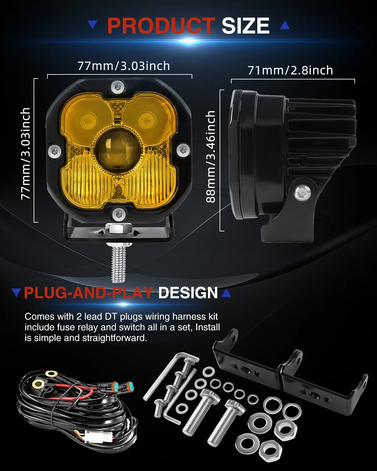 3 inch Yellow LED Fog Light Pods for Jeep Offroad Trucks Pickup Motorcycle Amber Ditch/Rear Chasing/A-Pillar Lights 3000K 2PCS