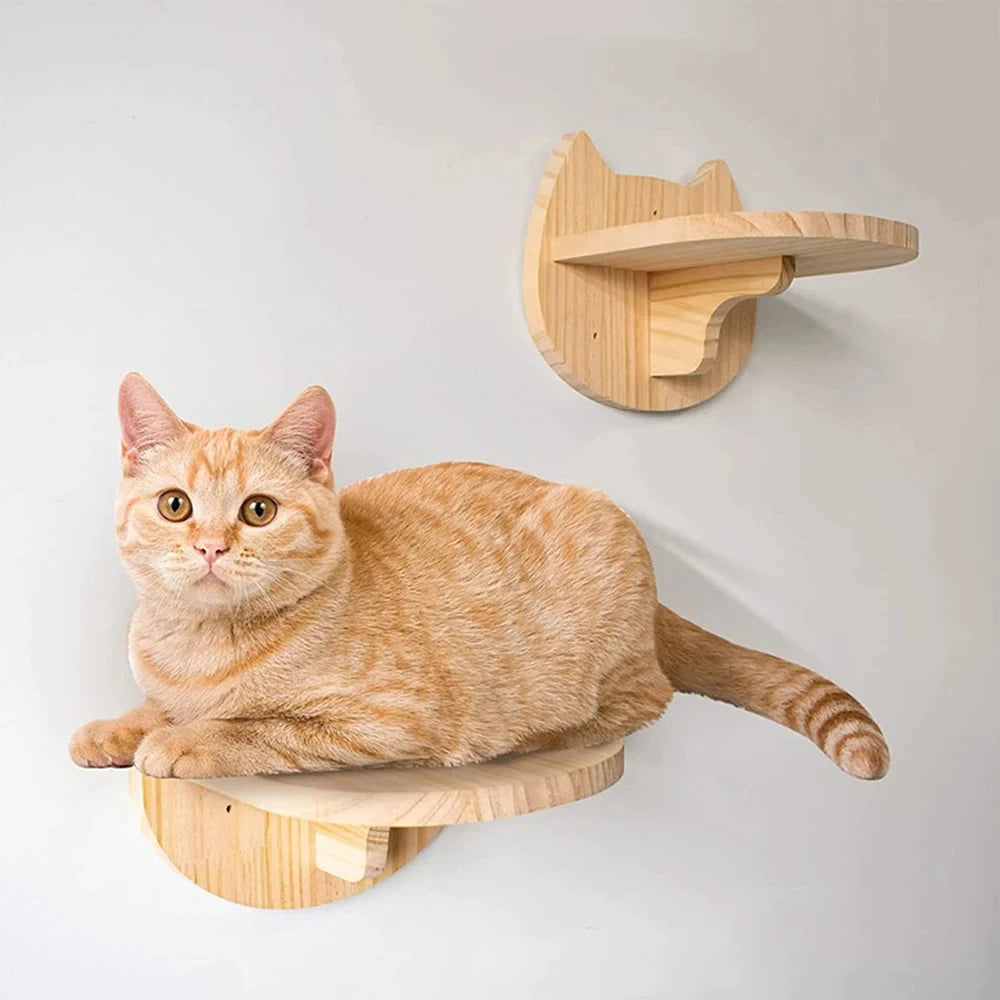 Wall-Mounted Wooden Cat Climbing Ladder with Hammock and Scratching Post