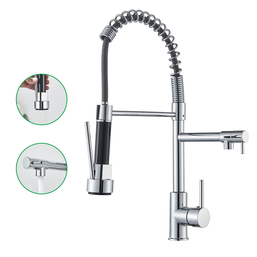 Pull-Down Chrome Kitchen Faucet with Dual Swivel Spout, Hot and Cold Deck-Mount Mixer