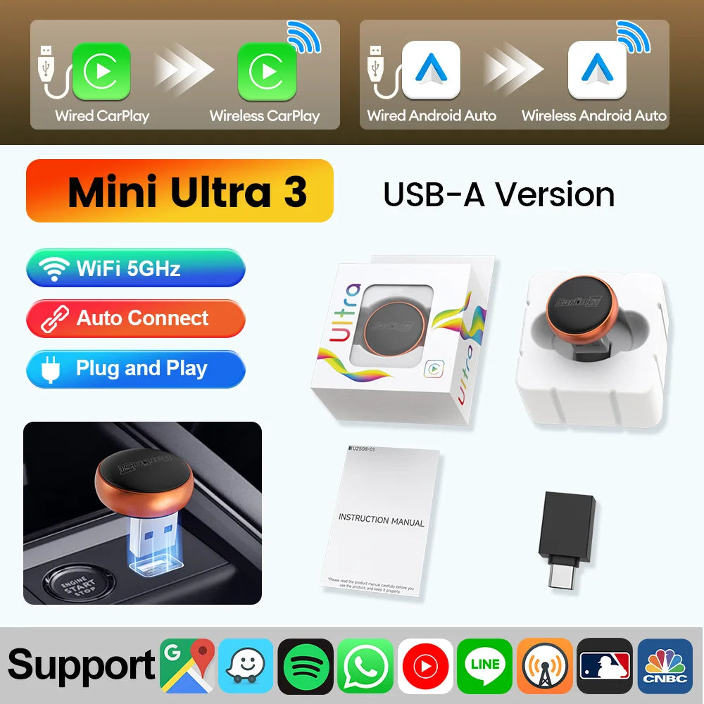 New CarlinKit Mini Ultra3 Wireless CarPlay Adapter Android Auto Wireless Dongle 2-In-1 Wireless Adapter Auto Connect 5.8G Wifi
