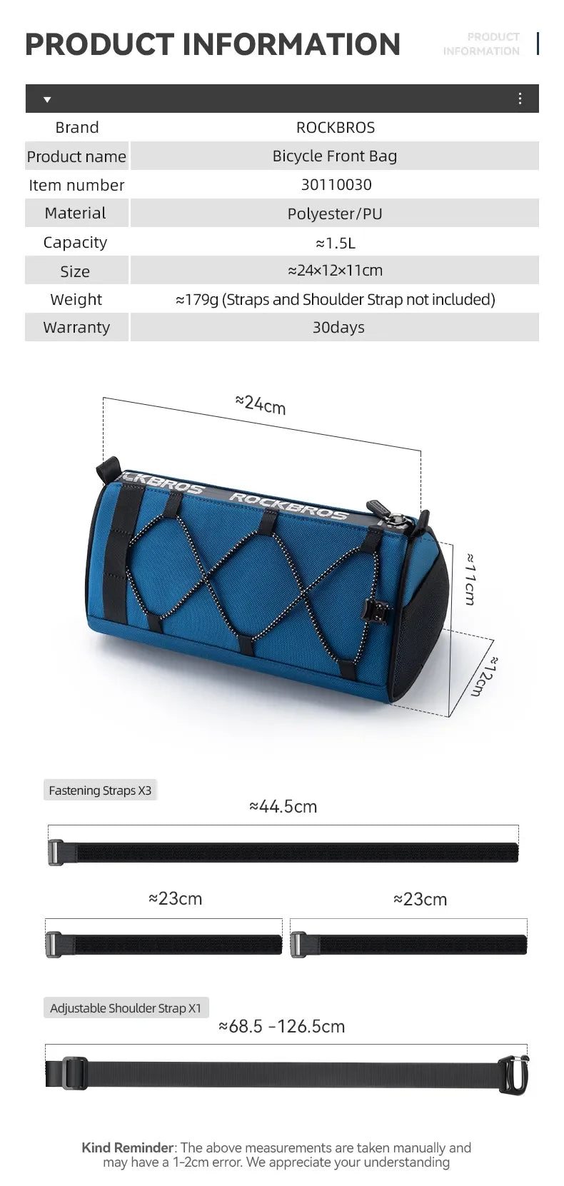 ROCKBROS Bike Handlebar Bag Portable 1.5L Multifunctional Shoulder Bag Highly Reflective Strap Crossbody Cycling Frame Tube Bag
