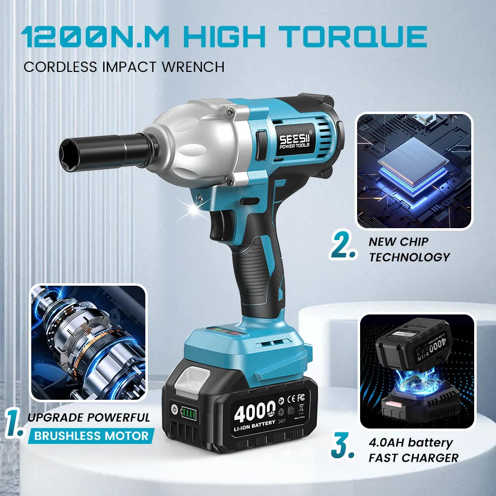 SEESII WH710 Pro 1200N.m Electric Impact Wrench Brushless 1/2" High Torque Handheld Cordless Impact Gun Tool Kit LED Light 6 Socket