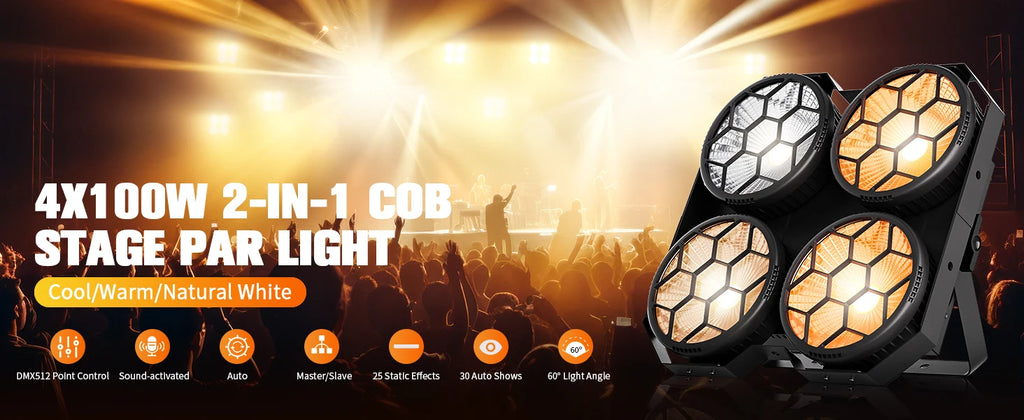 Fieryzeal 4x100W 2IN1 COB Par Light 4 Eyes Audience Light DMX512 LED Stage Light Wash Effect Blinder Light for DJ Disco Party