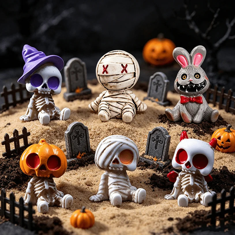 6-Piece Halloween Miniature Resin Figurines, Skeleton and Mummy Statues for Decor