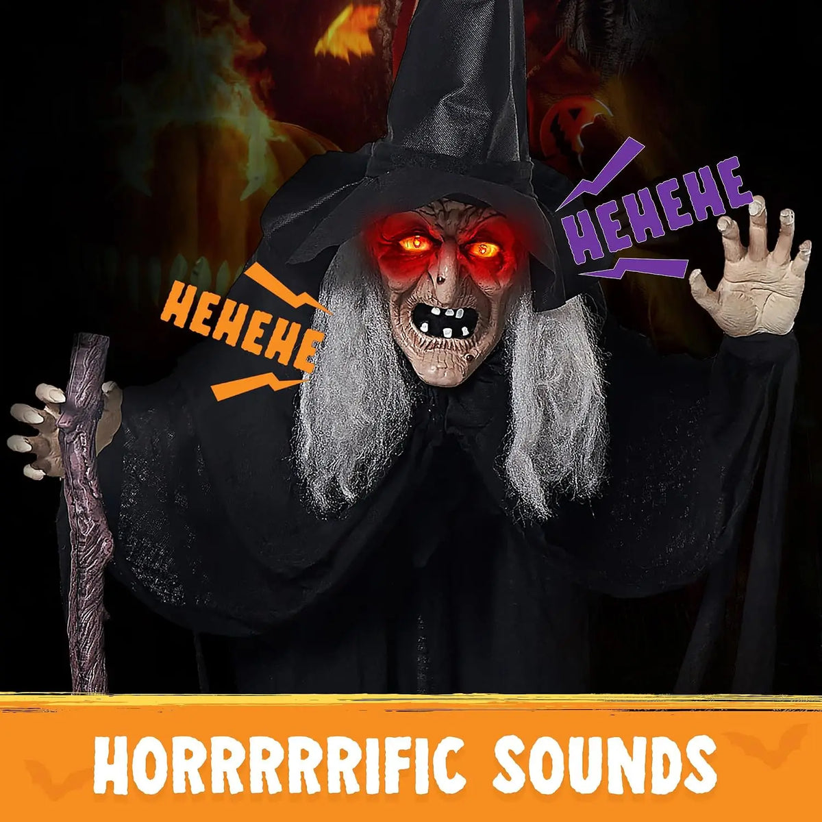 Halloween 72 in Animated Witch with Cane, Sound Activated with Creepy Lights