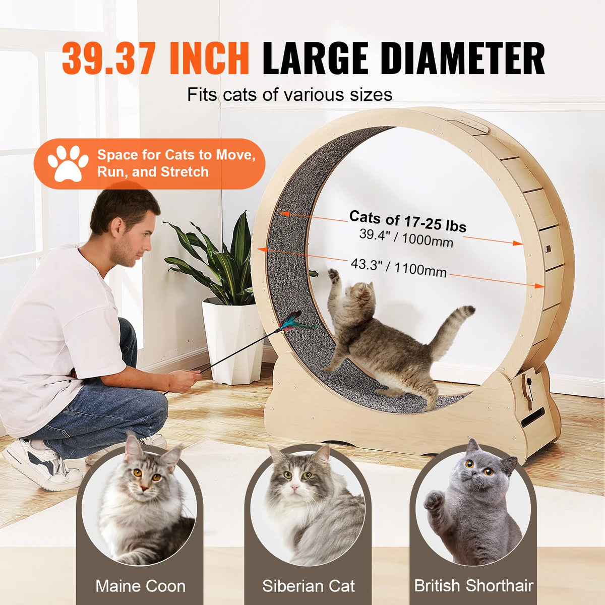 SucceBuy Wooden Cat Exercise Wheel, Large Cat Treadmill with Detachable Carpet and Cat Teaser