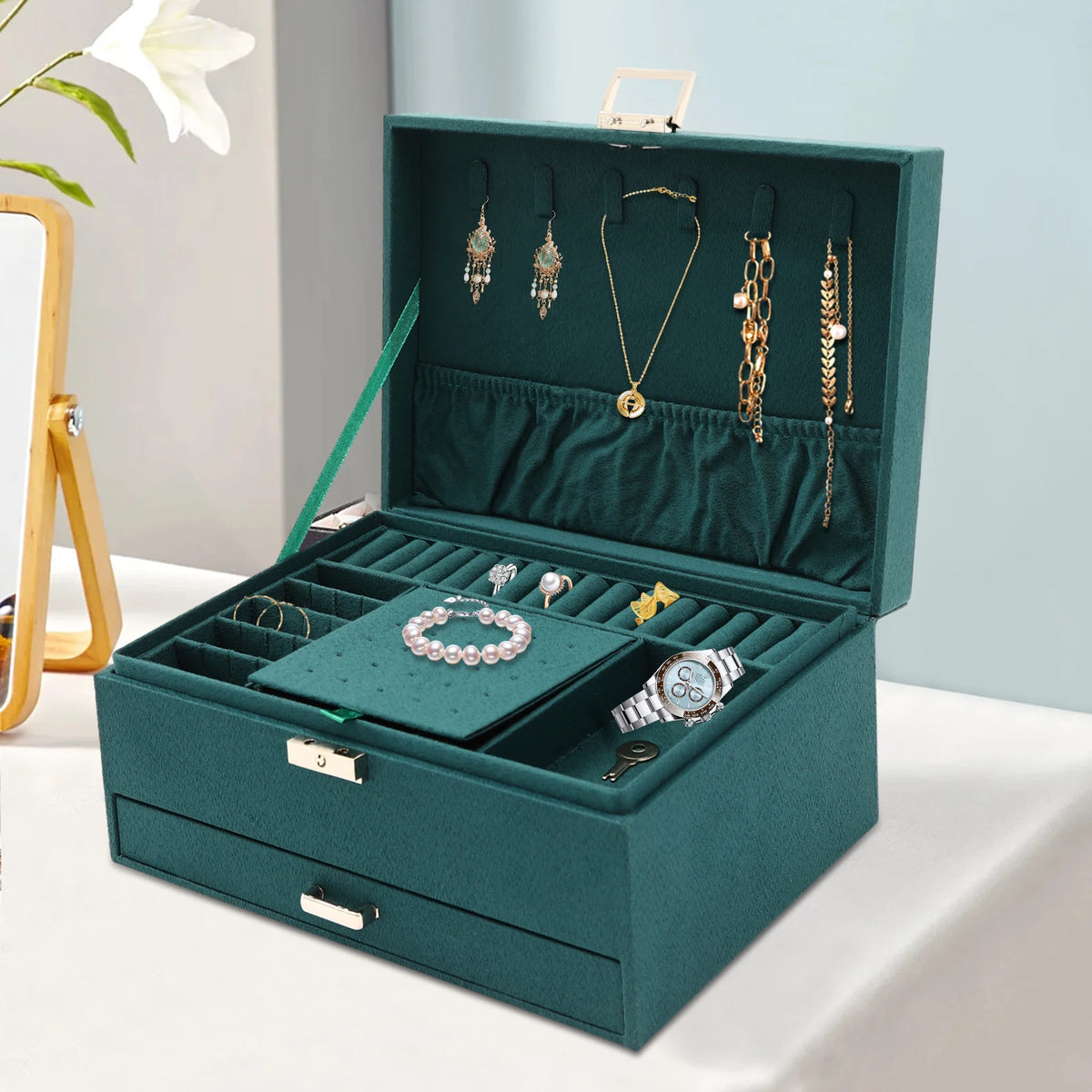 3-Tier Dark Green Jewelry Box Organizer with 15 Ring Slots 10 Earring Hooks 18 Stud Holes Drawers for Necklace Bracelet Watch