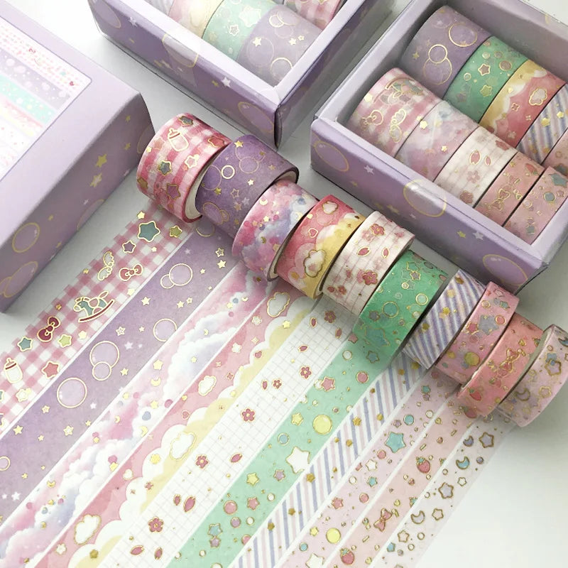 Cute Pink Series Decorative Washi Tape with Gold Foil Elements, Japanese Style Stationery for DIY Journal Scrapbooking, Sticker Label Decoration