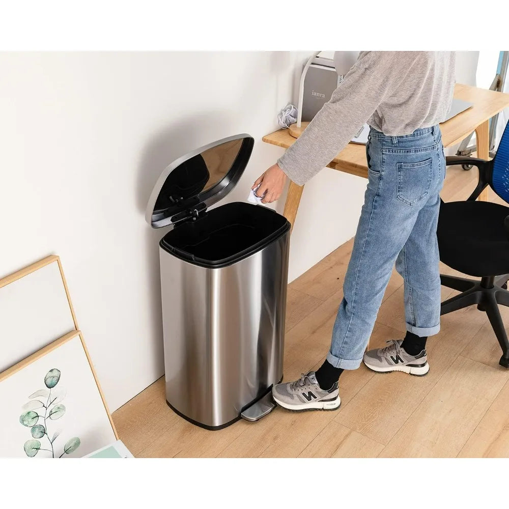 13 Gallon 50L Kitchen Step Trash Can with Lid Fingerprint-Proof Brushed Stainless Steel Garbage Bin for Office Bedroom Bathroom