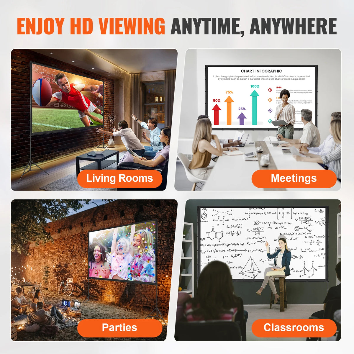 Portable Projector Screen with Stand 100-150 inch, 16:9 4K HD for Home Theater and Office