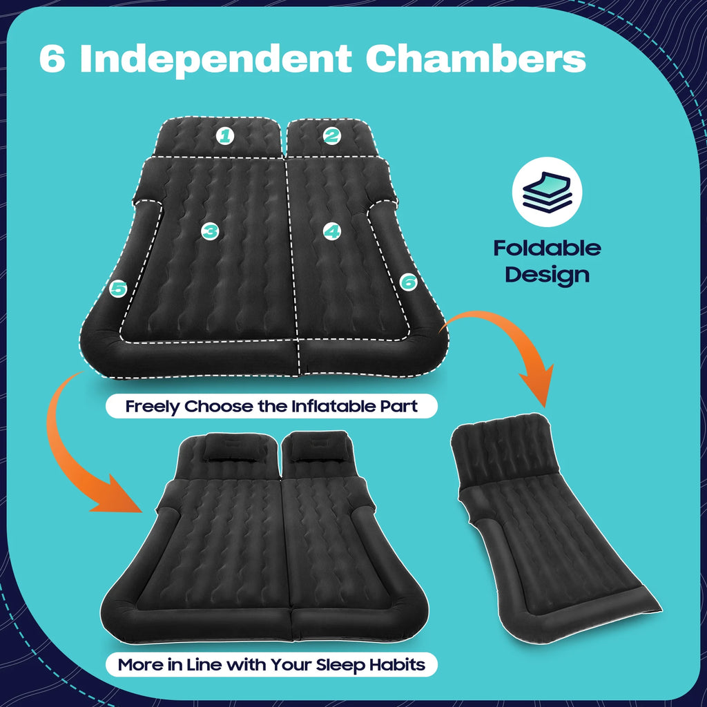 Inflatable Car Back Seat Air Mattress, Foldable Flocked Travel Bed with Pump