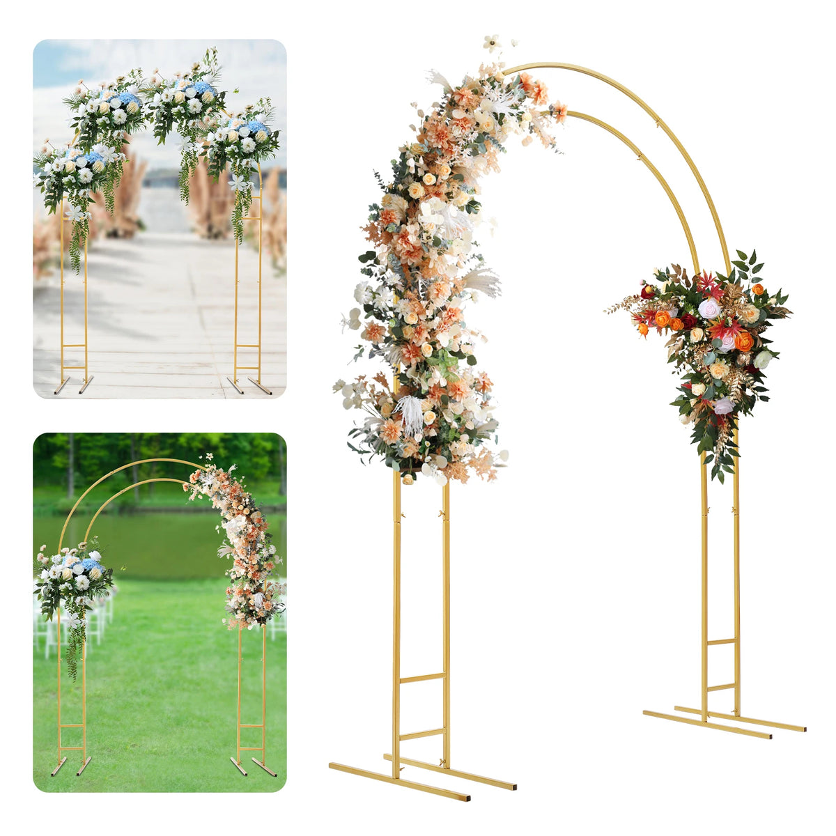 Gold Round Arch Backdrop Stand 2.2m Large Wedding Party Decor with Double Tube for Flowers Balloons Heavy Duty Steel Frame