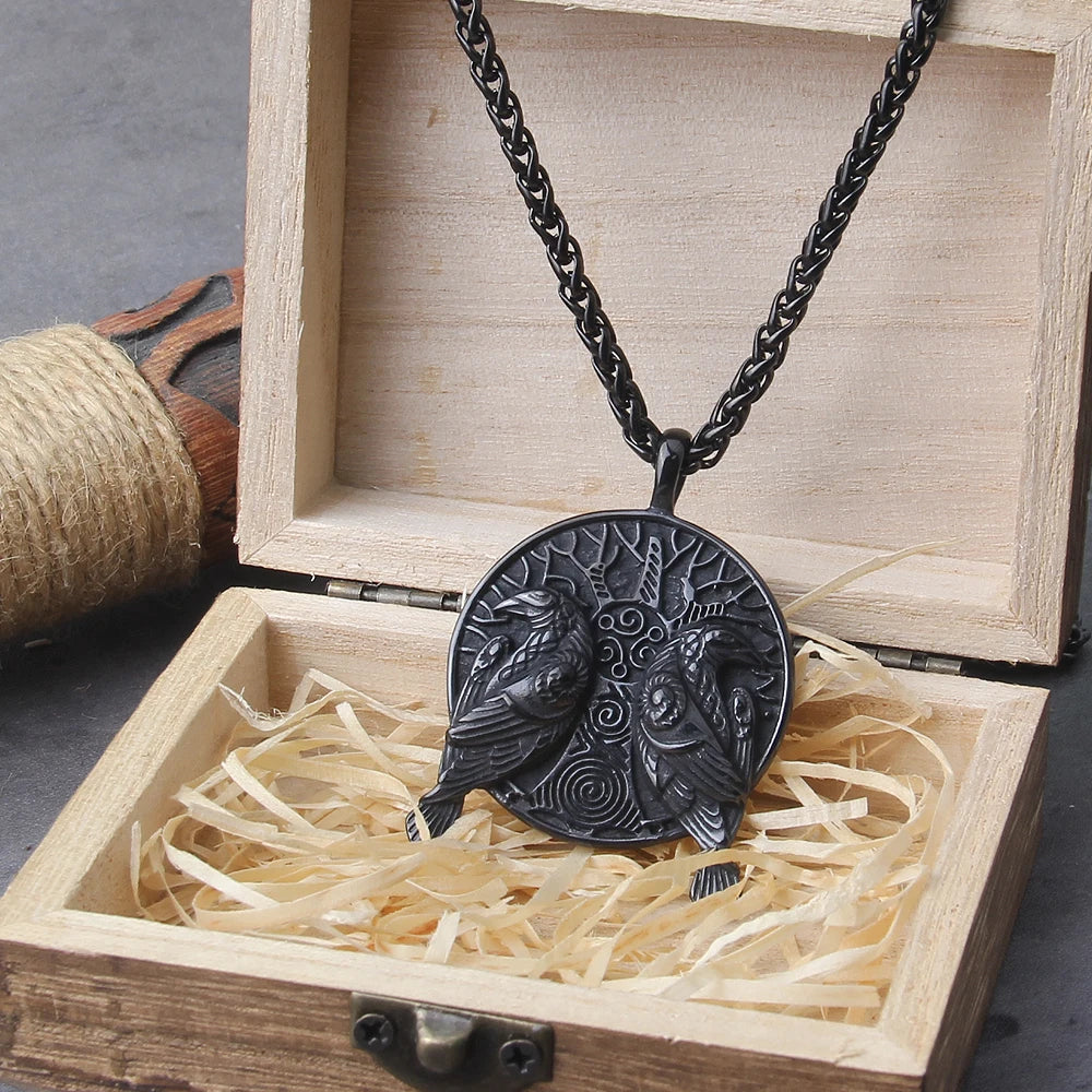 Black Norse Odin Huginn And Muninn Raven Pendant Necklace Stainless Steel Vintage Viking Tree of Life Necklace Amulet Jewelry