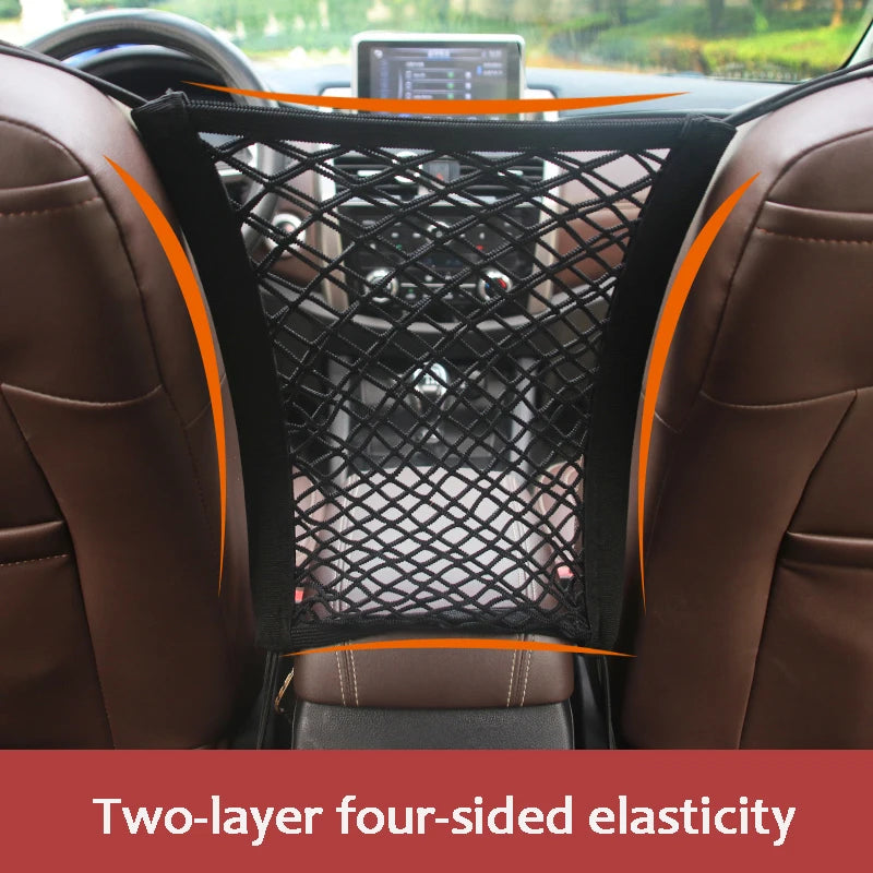 Car Seat Storage Net Bag and Pet Barrier, Stretchable Mesh Organizer Between Seats
