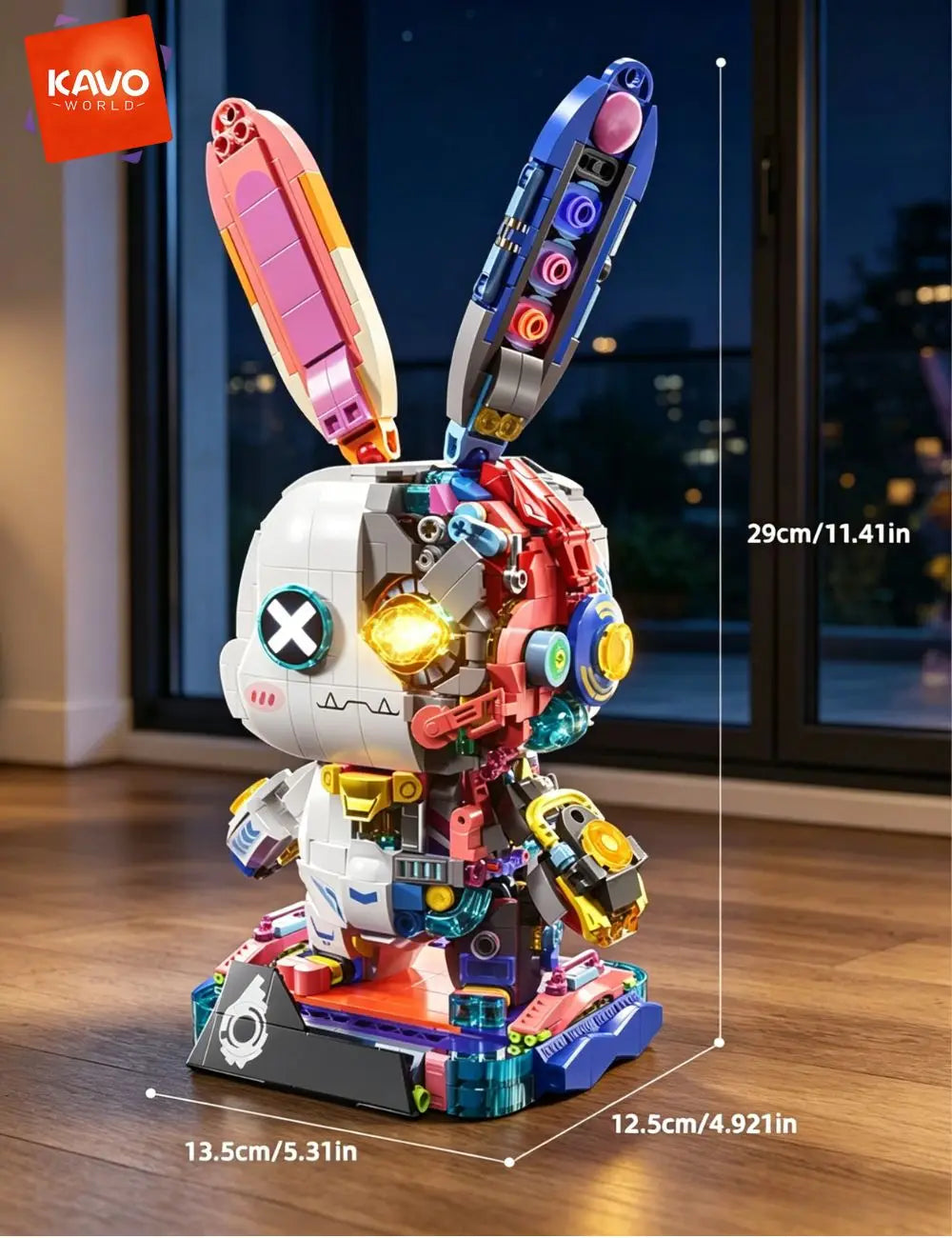 KAVOWORLD 1377PCS Robot Rabbit Building Blocks Set LED Light Up Multi-Point Rotatable Detachable Base DIY Cyberpunk Mecha Building Rabbit Bricks Kit Mechanical Bunny Construction Toy for Home Office Desk Decor Christmas Birth