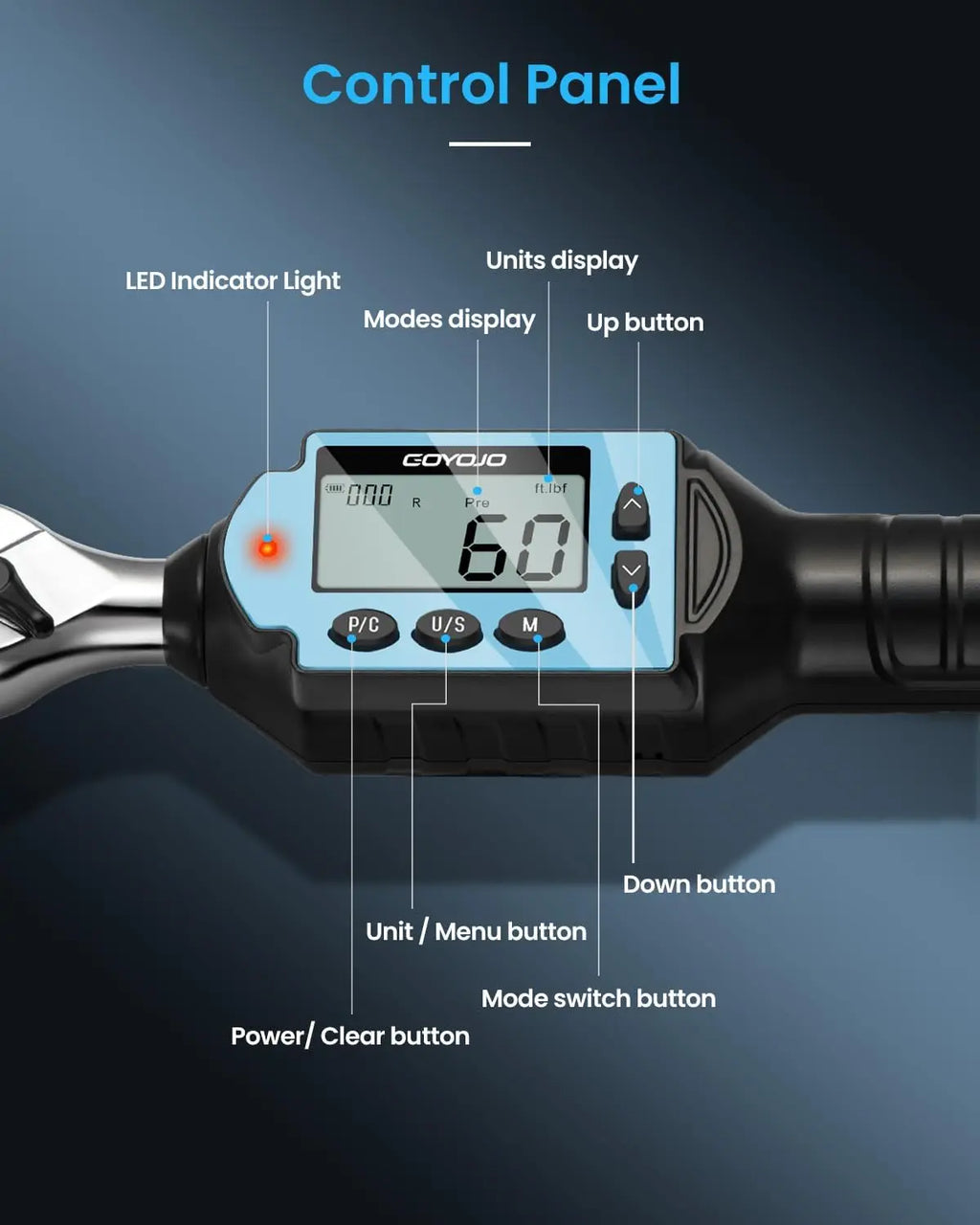 GOYOJO Digital Torque Wrench 1/4 3/8 1/2" Drive, Electric Torque Wrench ±2% Accuracy,Buzzer and LED Alert,Electric Display,Peak & Track, ft-lb, in-lb and N.m ,Automotive,Car, Moto,Spark Plug,Engine,Bike