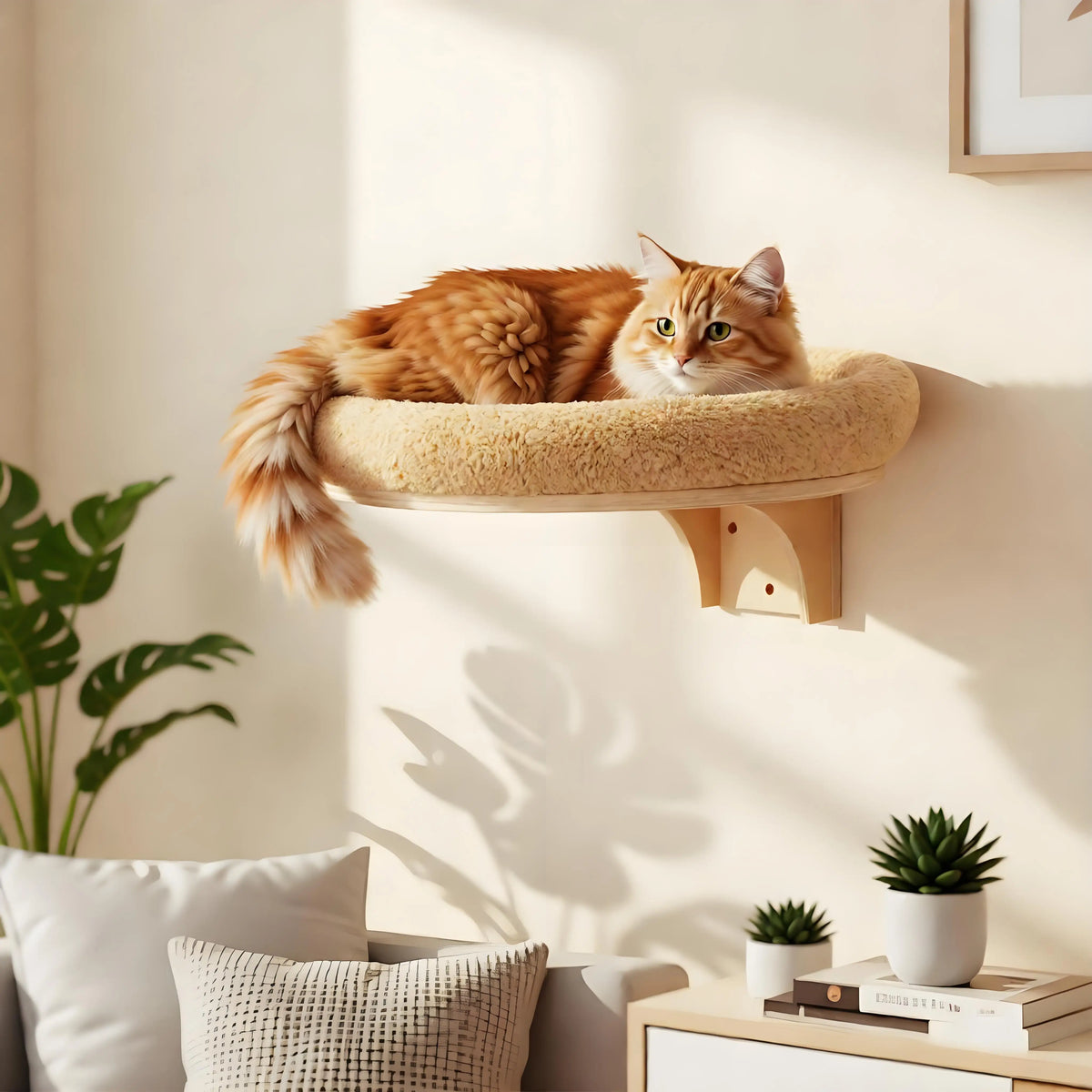 Wall-Mounted Wooden Cat Climbing Ladder with Hammock and Scratching Post