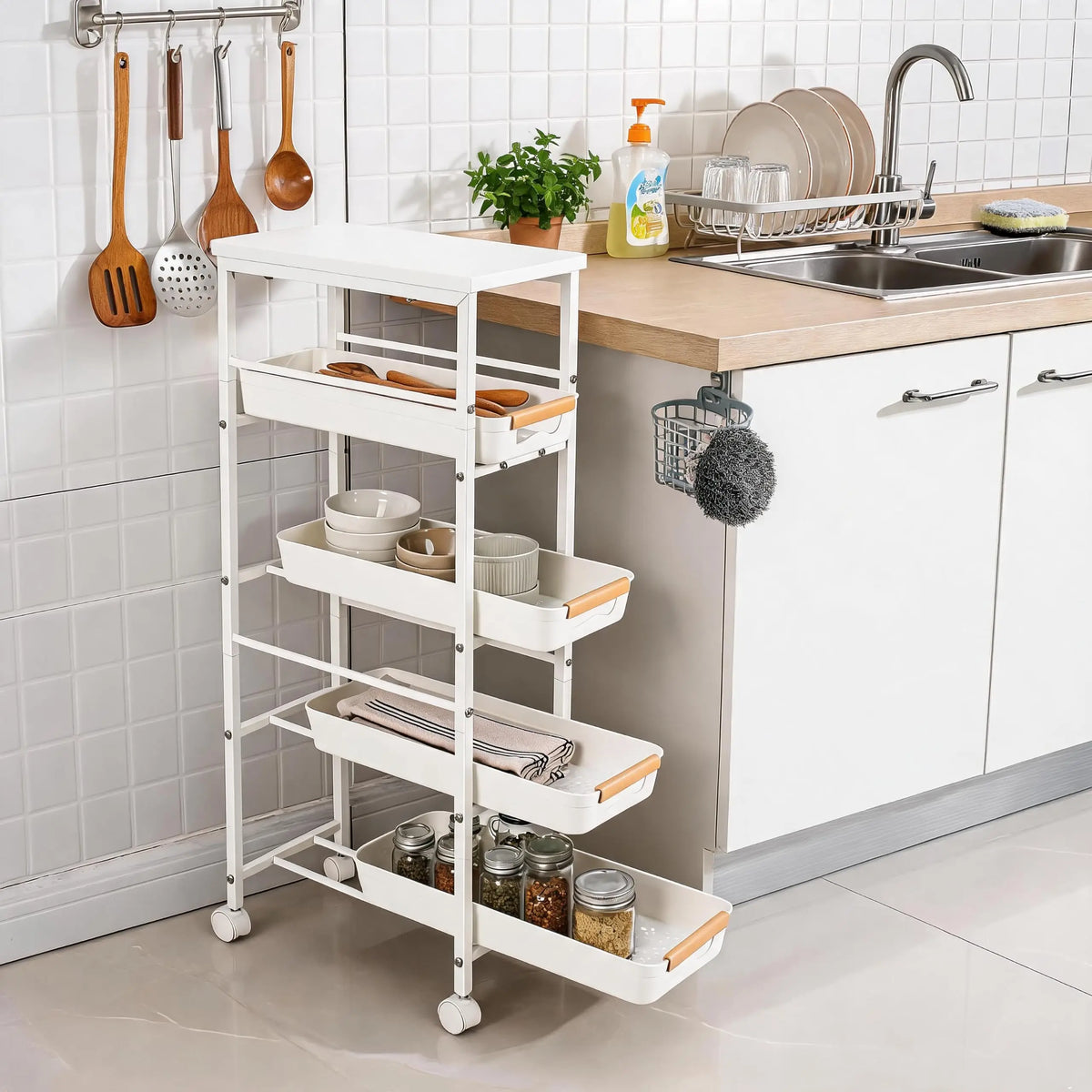 5-Tier Rolling Kitchen Storage Cart with Pull-Out Basket