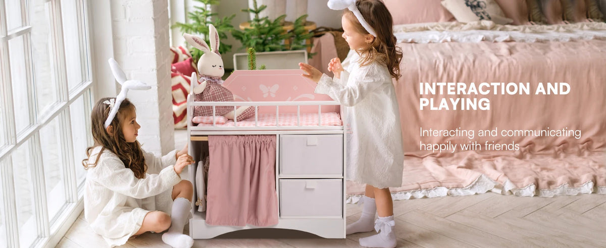 Baby Doll Crib Wooden Toy Baby Crib with Storage Bedding Wooden Hooks Doll Crib Fits Dolls up to 21" for Girls 3+ Pink