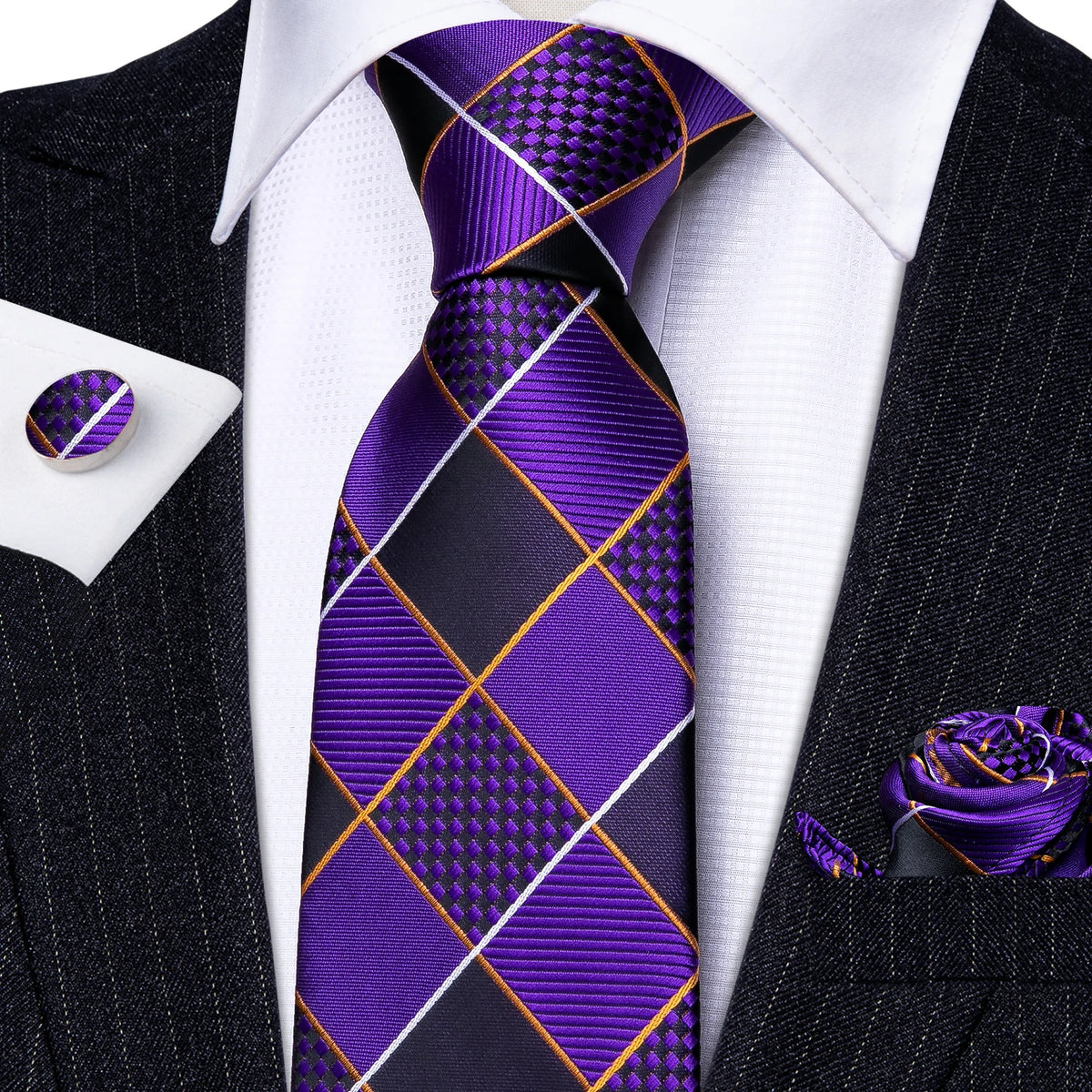 Designer Mens Tie Jacquard Necktie Pocket Square Cufflinks Set Purple Black Plaid for Male Men Wedding Busniess Party Ties Gift