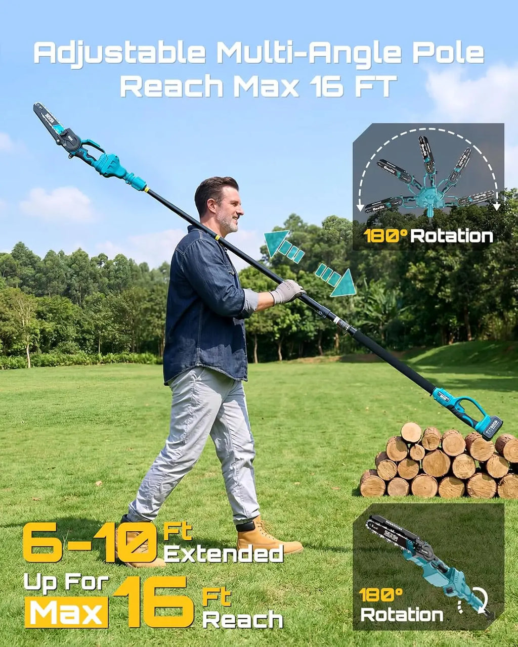 Polesaw High Branch Saw Cordless 8'' Electric Chainsaw with 3M Extension Pole for Tree Trimming Limb Cutter Pruner