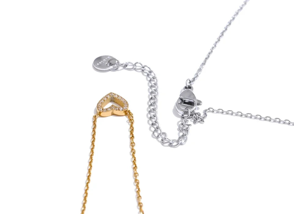 Cubic Zirconia Hollow Heart Pendant Necklace, Delicate Stainless Steel Love Jewelry