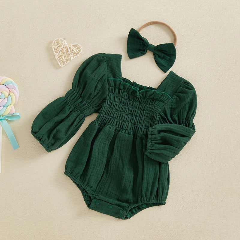 Baby Girls Spring Romper Long Sleeve Square Neck Solid Color Romper with Headband
