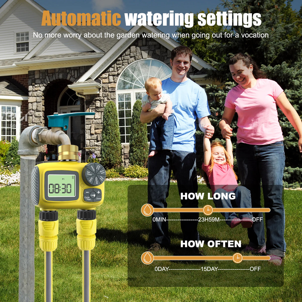 Dual Outlets Water Timer Home Garden Automatic Watering Irrigation System with Brass Inlet for Outdoor