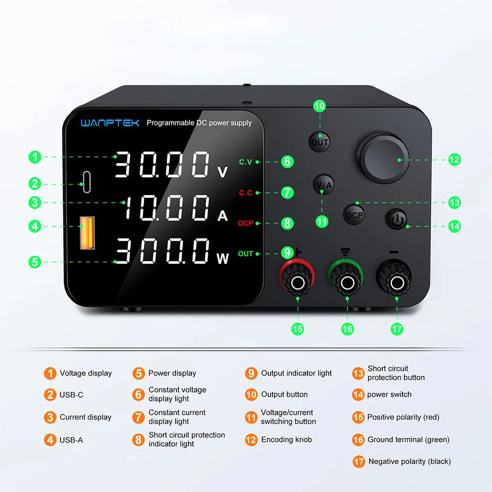 Wanptek Adjustable DC Lab Power Supply 30V 10A, Multi-Range Bench Power Source