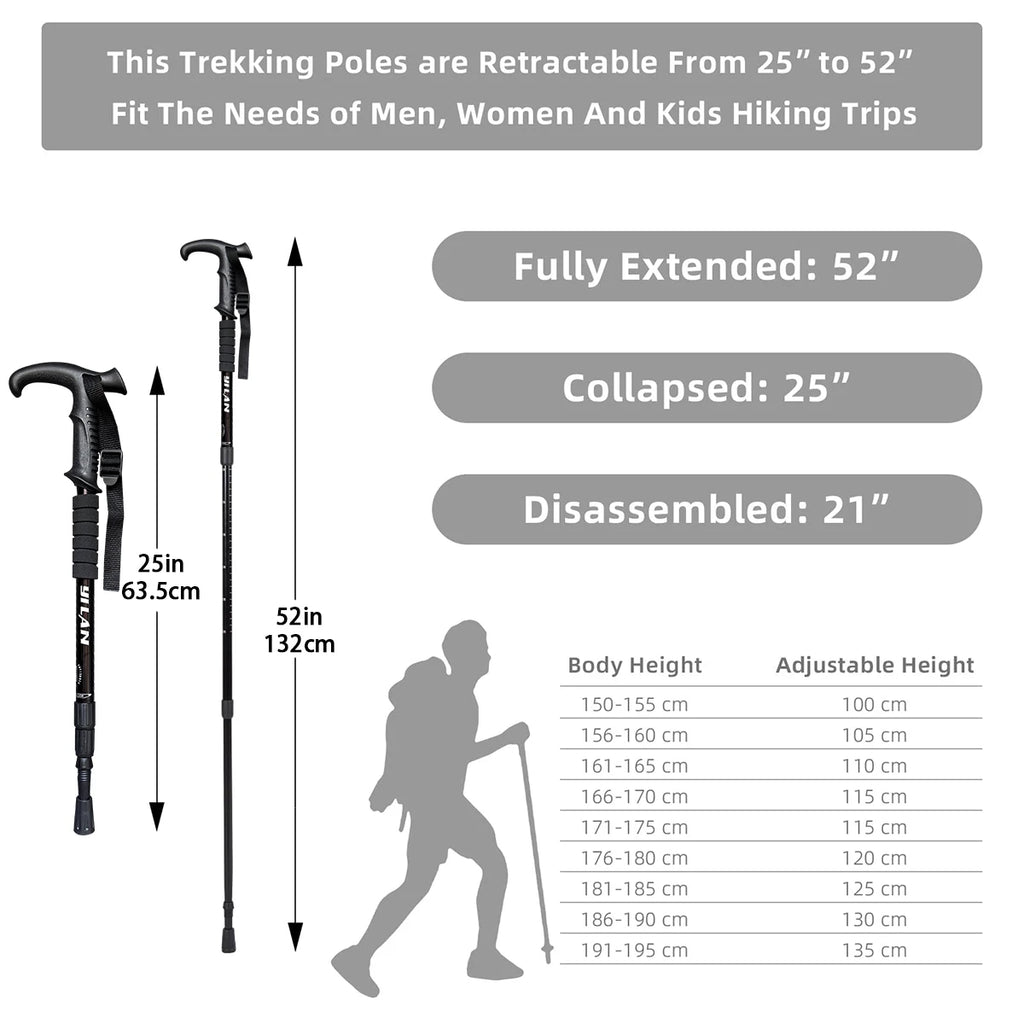 Ultralight hiking poles with shock absorption and quick-locking system, made of aluminum alloy, suitable for outdoor mountaineering, hiking, trekking, backpacking, and camping.
