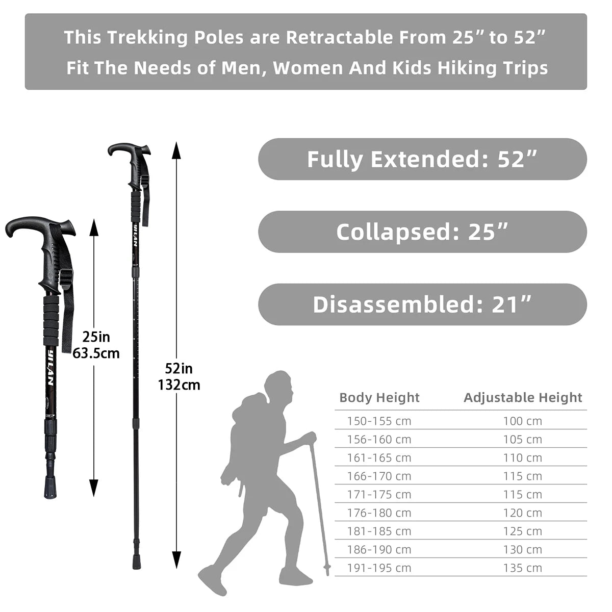 Ultralight hiking poles with shock absorption and quick-locking system, made of aluminum alloy, suitable for outdoor mountaineering, hiking, trekking, backpacking, and camping.