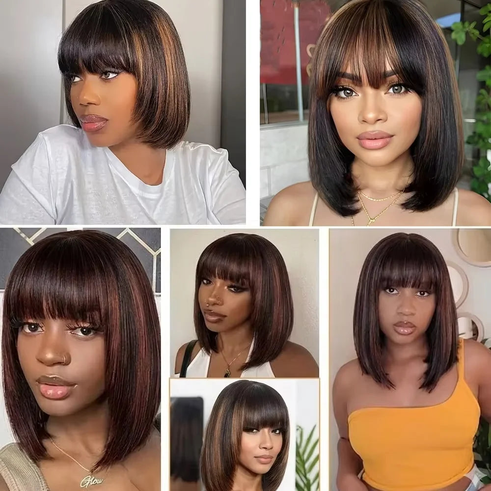 220% Density Ready To Go Glueless Human Hair Wigs 10 Inch 1B/30 Highlight Ombre Straight Wear And Go Glueless Bob Wig 2x1 Lace Closure Wig Human Hair