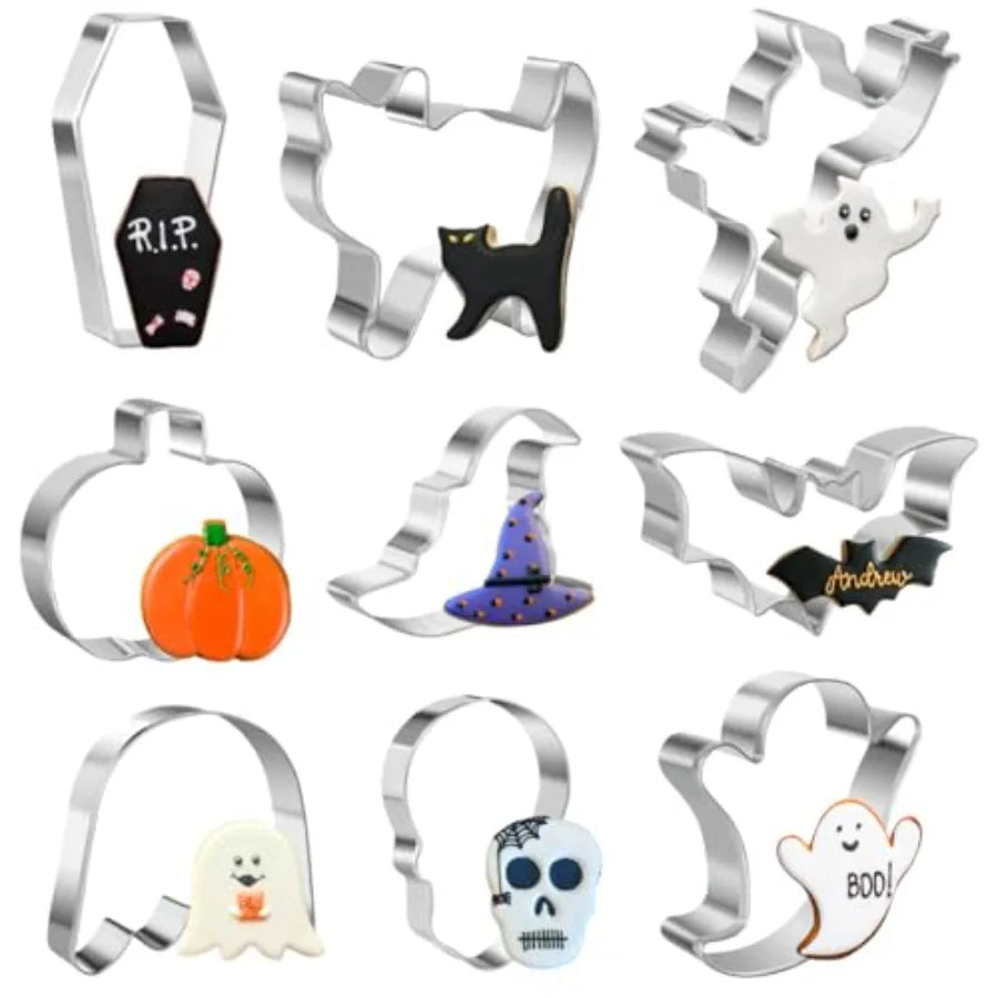 Halloween Cookie Cutter Set, 9 Pcs Ghost, Bat, Pumpkin and Skull Shapes