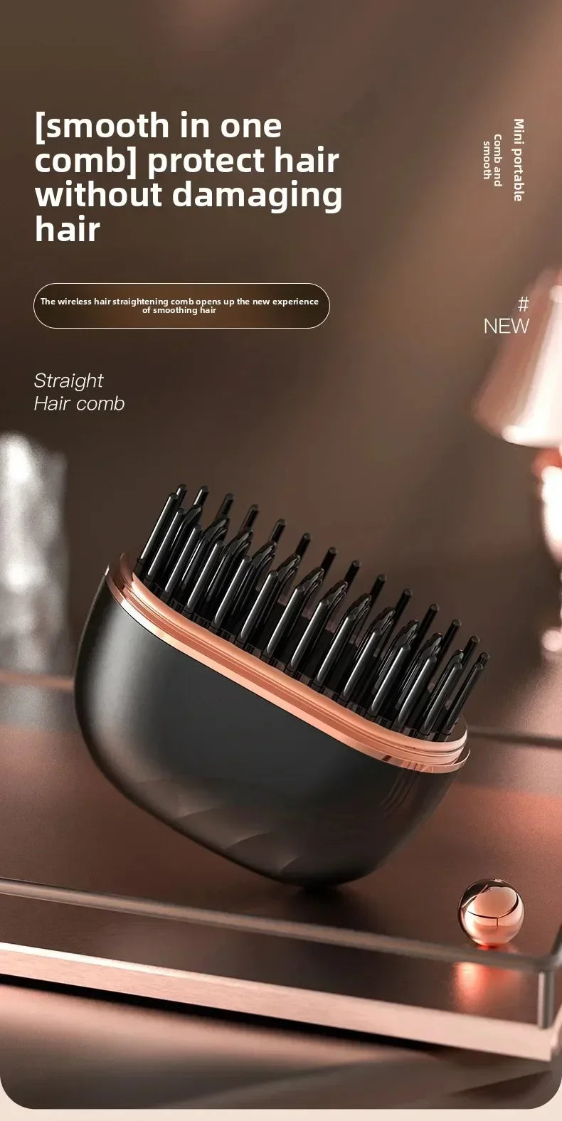 Mini Rechargeable Hair Straightener Brush: 3-Speed Temp Control, Anti-Scald Shell, Lightweight & Portable for Travel