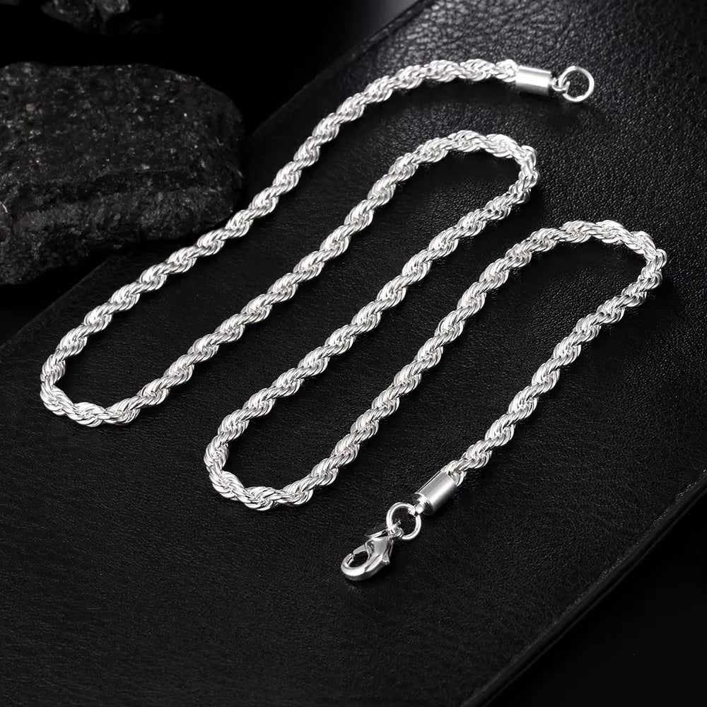 925 Sterling Silver Rope Chain Necklace and Bracelet Set, 4mm, for Men and Women