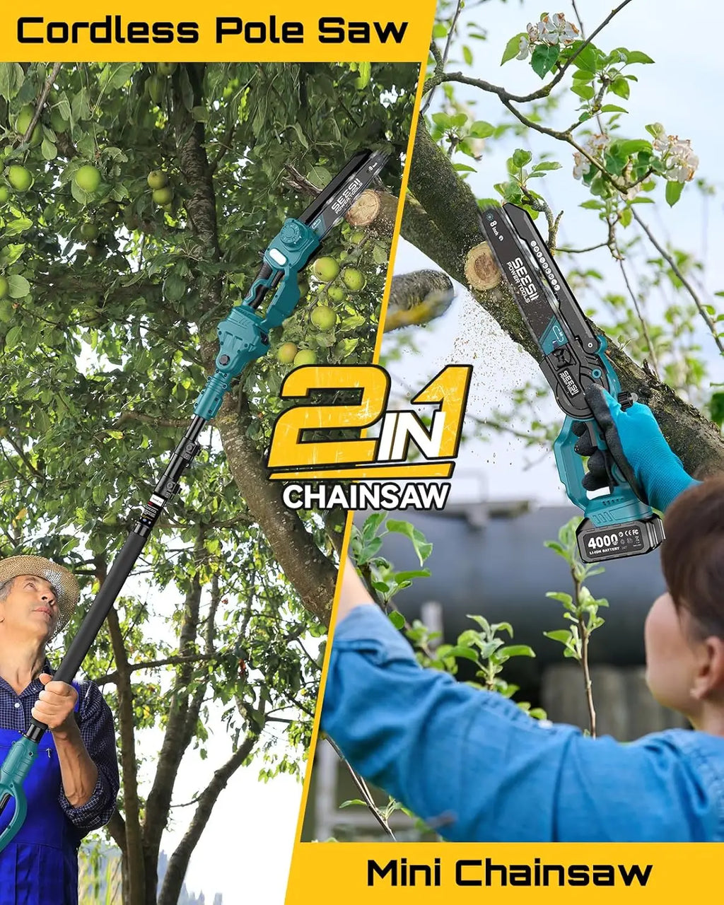Polesaw High Branch Saw Cordless 8'' Electric Chainsaw with 3M Extension Pole for Tree Trimming Limb Cutter Pruner