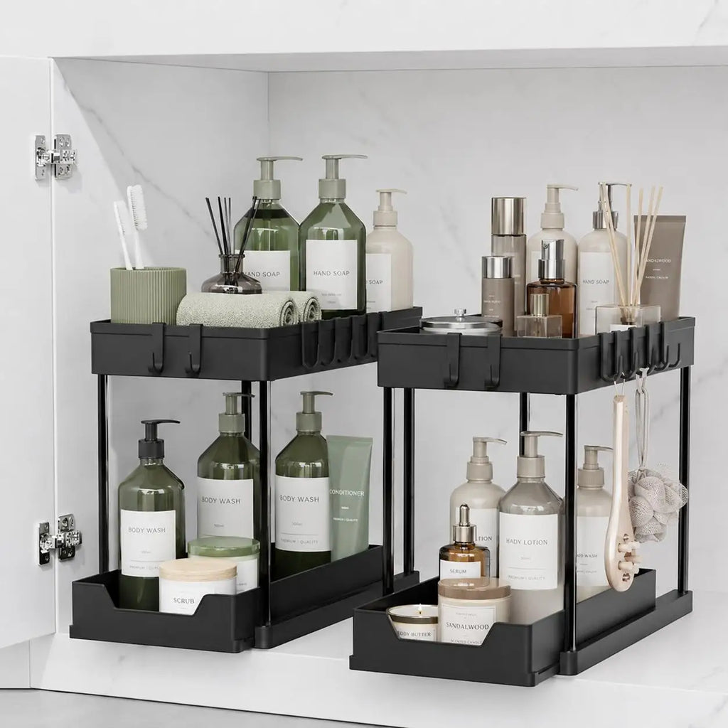 2 Tier Sliding Under Sink Organizer with 5 Side Hooks and 3 Detachable Hanging Baskets,Pull Out Rustproof Metal Storage Rack,Tool Free Assembly