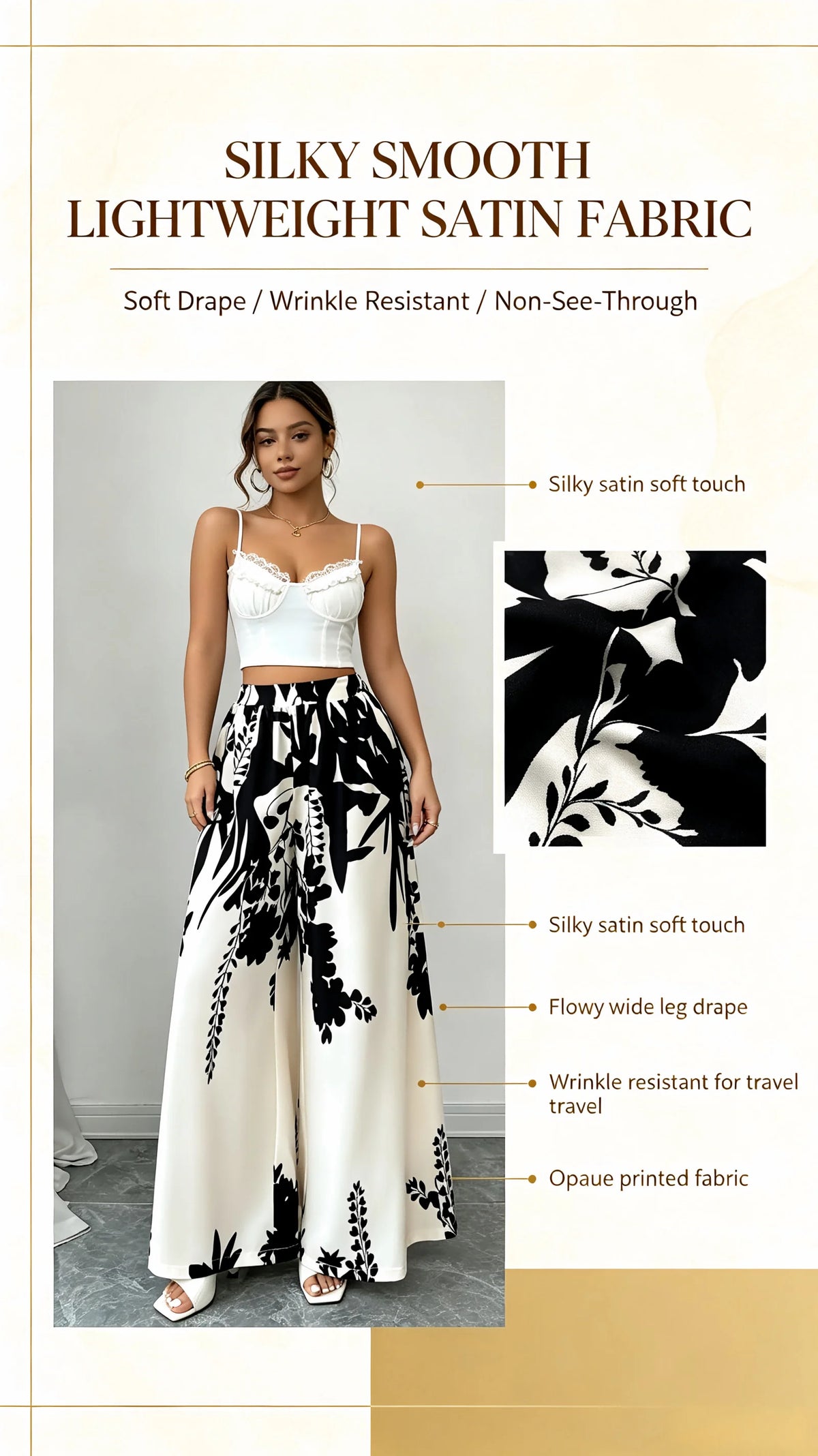 Women's Floral Print Satin Wide-Leg Palazzo Pants, High Waist