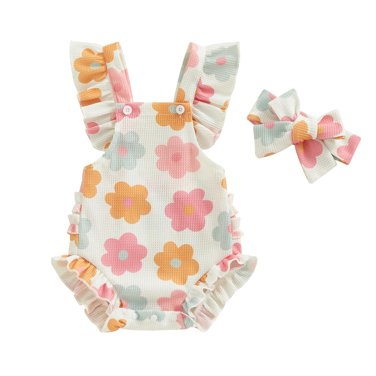 Summer Infant Baby Girls Bodysuit and Headband Flower Print Fly Sleeve Jumpsuit Casual Clothes