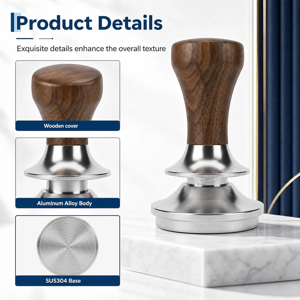 51mm 53.5mm 58.3mm Espresso Tamper, Self Leveling Ripple Base Coffee Tamper with Solid Wood Handle, 304 Steel Barista Tool