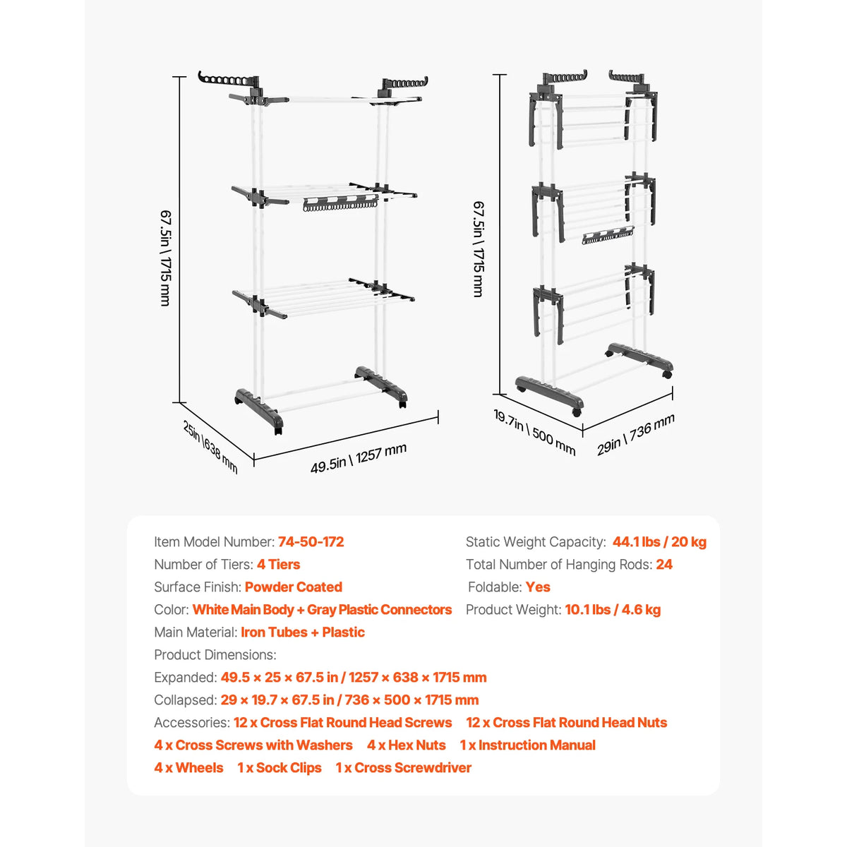 Foldable Metal Clothes Drying Rack with Sock Clips, Height Adjustable