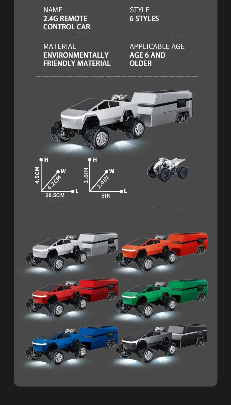 Hotfree 1/64 Mini RC Monster Cybertruck, All-Terrain Metal Off-Road Pickup with Trailer, 2.4GHz Remote & App Control, USB-C Rechargeable, Big Wheel Racing Toy, Perfect Birthday Christmas Gift for Kids, Boys & Collectors
