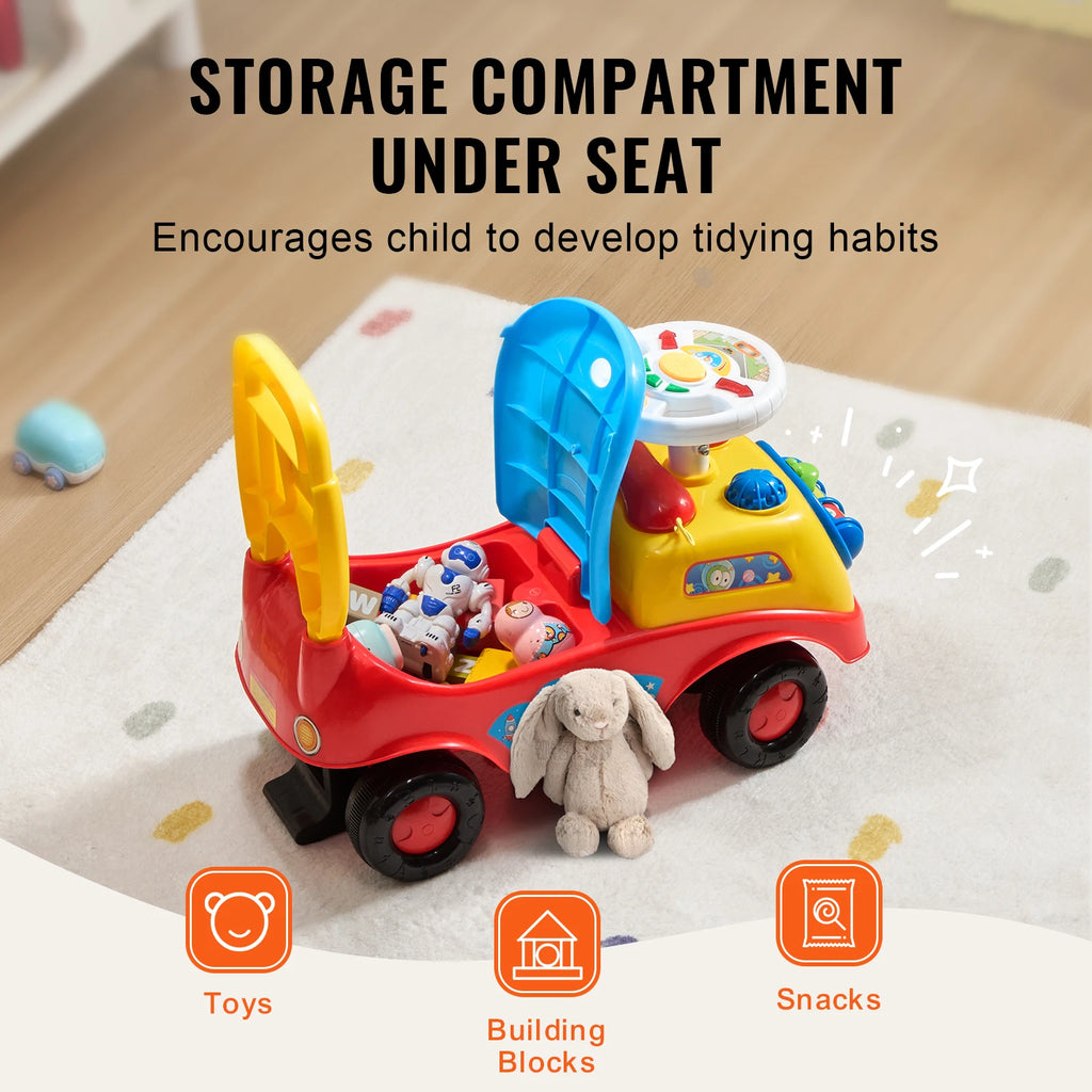 Toddler Ride-On Push Car with Music, Steering Wheel and Under-Seat Storage