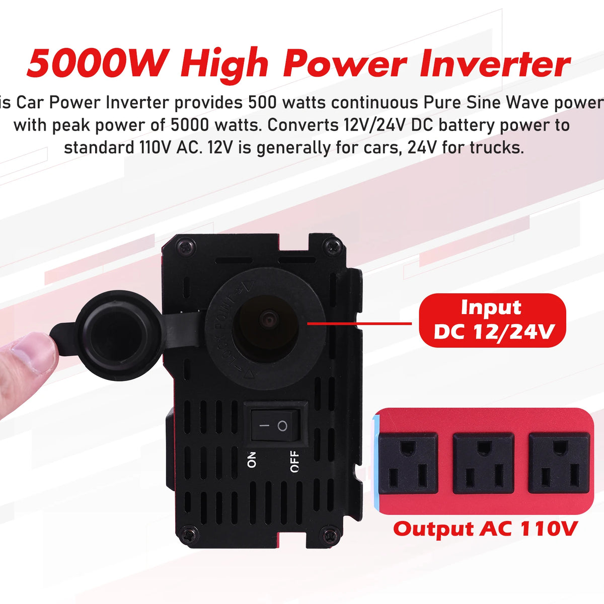 5000W Car Converter Power Inverter DC 12V To AC 110V Converter LCD 4 USB Ports and 110V AC Outlet Cigarette Lighter Battery