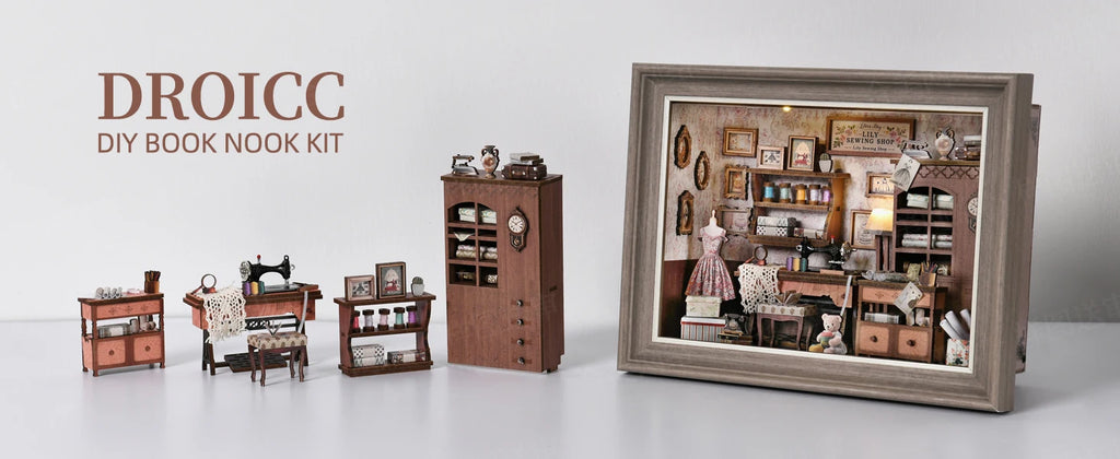 DIY Book Nook Kit, Tailor's Shop 3D Wooden Bookshelf Insert