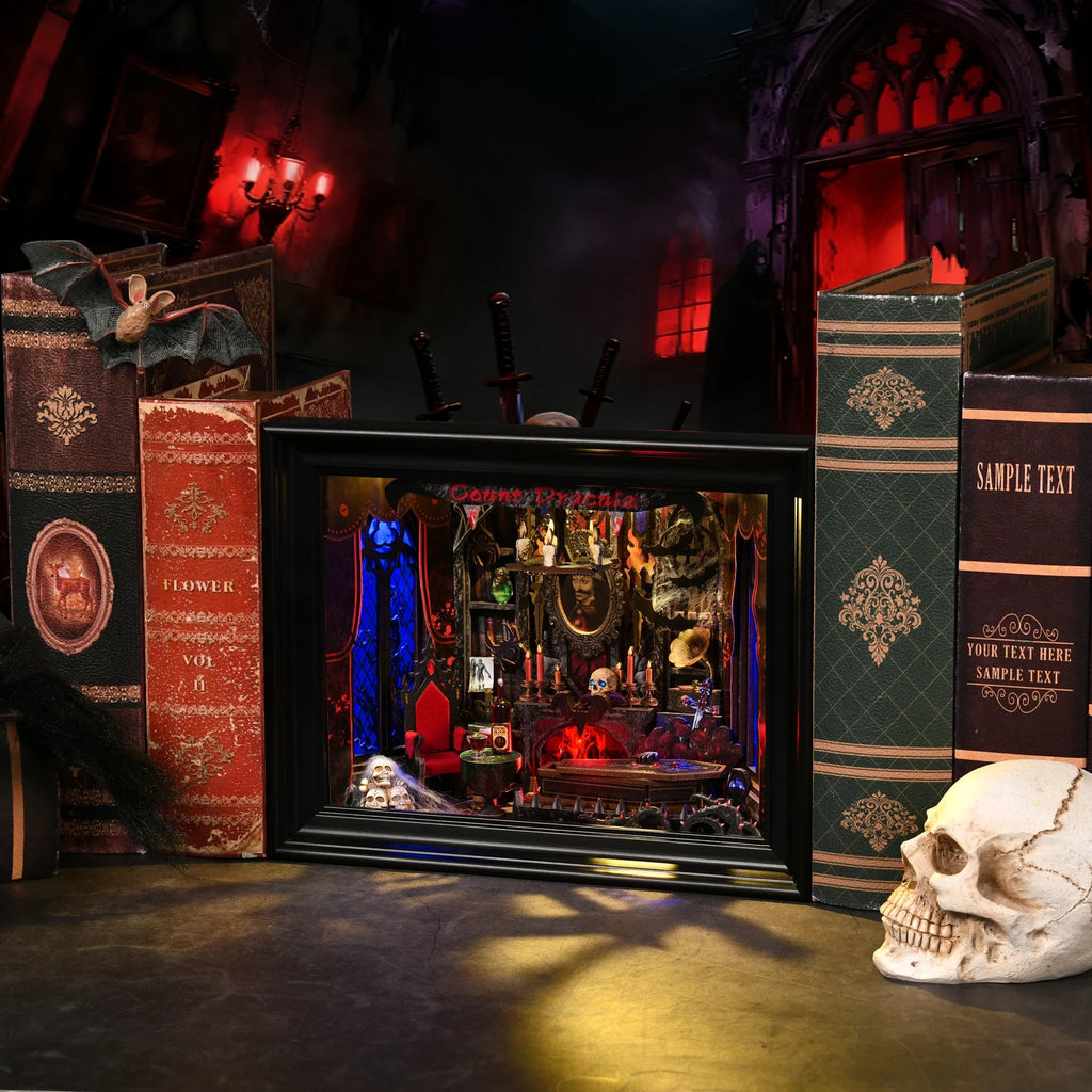 Book Nook Kit Vampire DIY Wooden Puzzle Dracula Gothic Style Halloween Bookshelf Dollhouse Model Bookend Building Home Dec