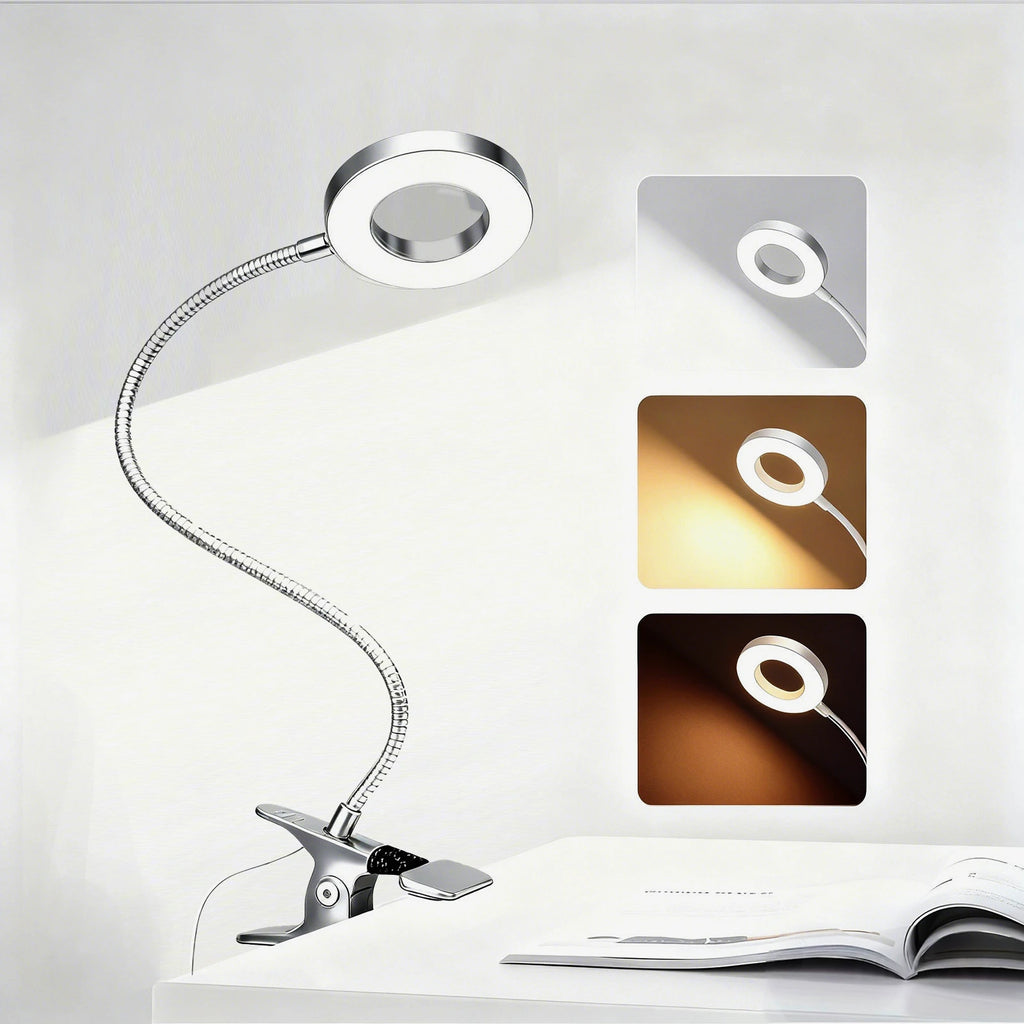 LED Clip-On Magnifying Desk Lamp 5X, USB Dimmable Gooseneck Magnifier Light with 3 Colors