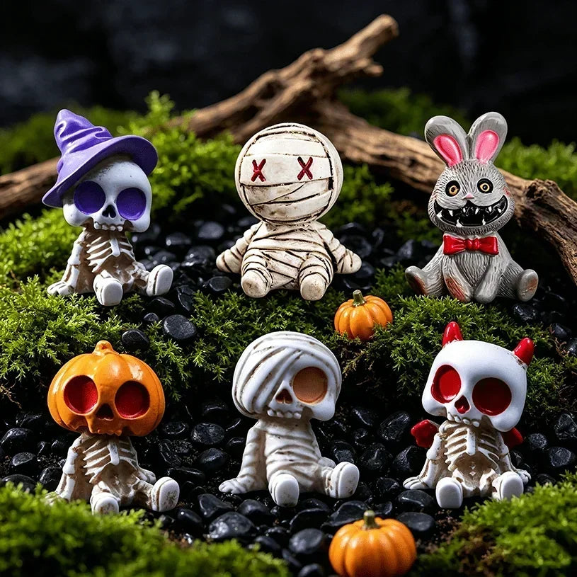 6-Piece Halloween Miniature Resin Figurines, Skeleton and Mummy Statues for Decor