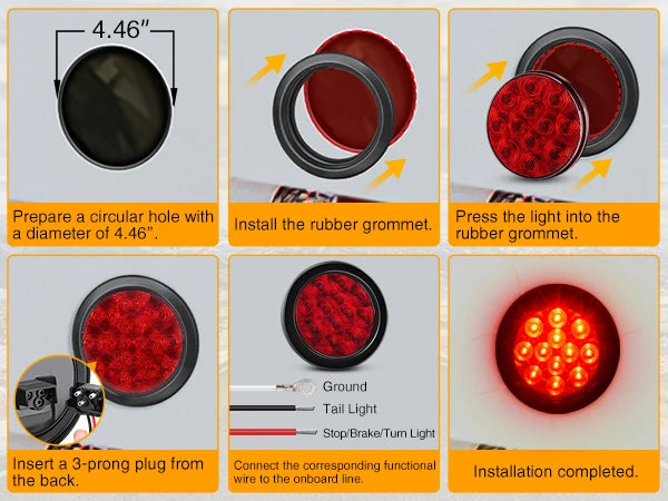 Nilight 4' Round Red LED Trailer Tail Lights with Surface Mount Grommet Plugs IP67 Stop Brake Turn Tail Lights for Truck Trailer RV Jeep 2PCS